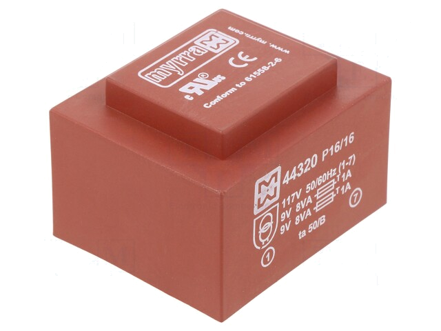 Transformator: ingegoten; 16VA; 117VAC; 9V; 9V; 889mA; 889mA; PCB Transformator: ingegoten; 16VA; 117VAC; 9V; 9V; 889mA; 889mA; PCB